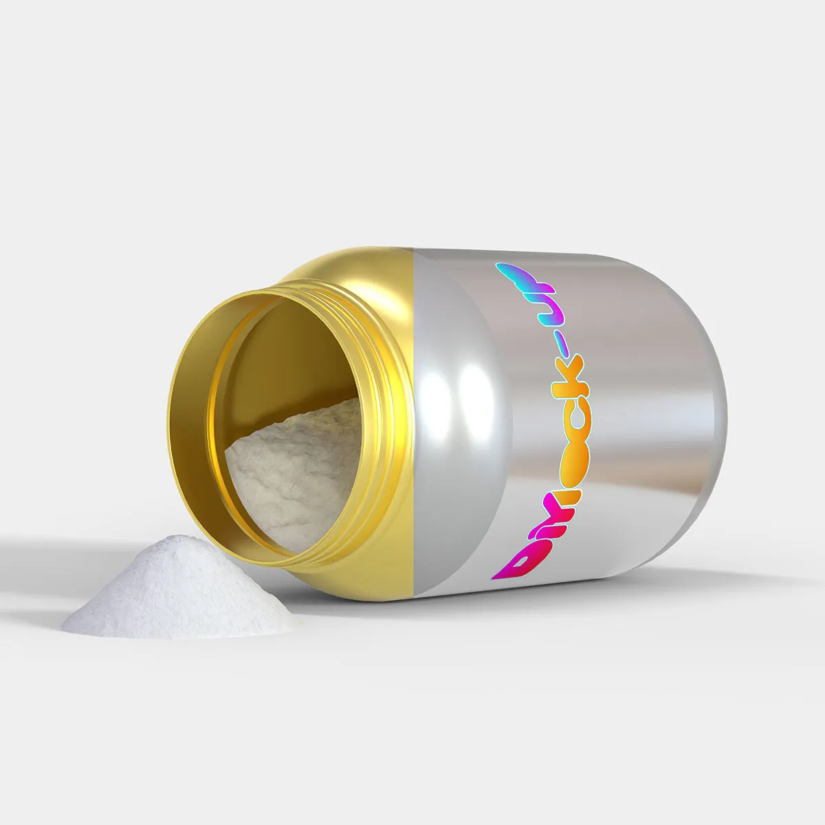 opened protein powder container in gold and silver color