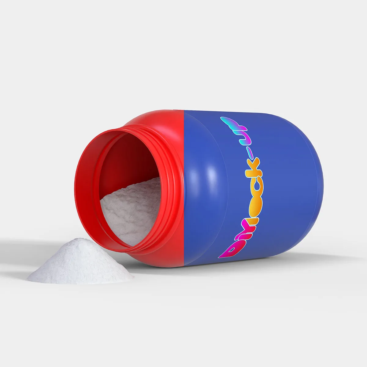 opened protein powder container in red and blue color