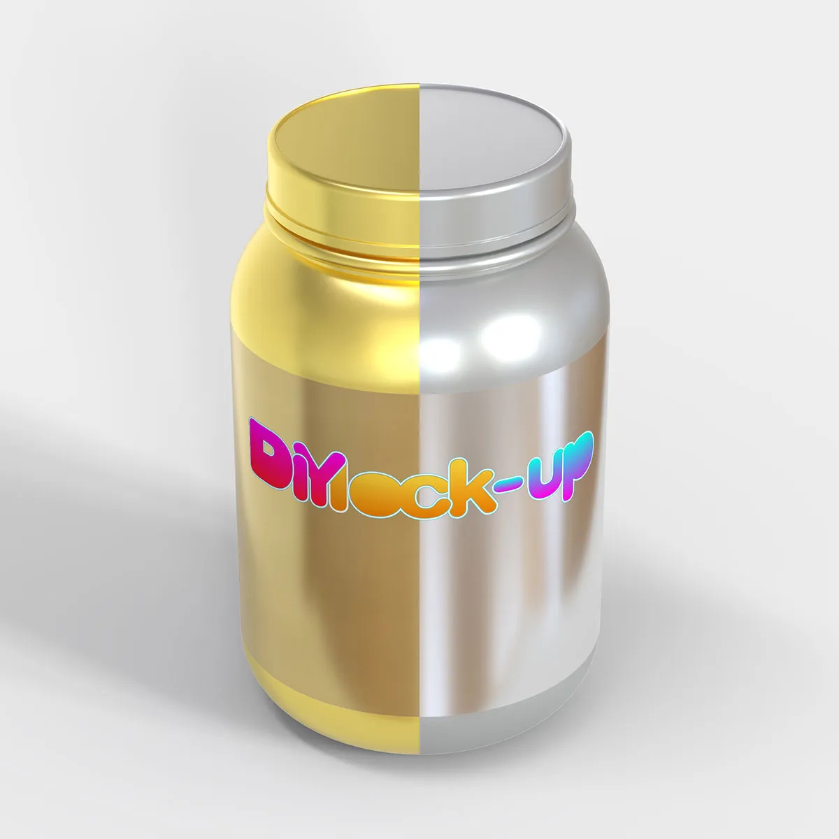 protein powder container in gold and silver color from top view