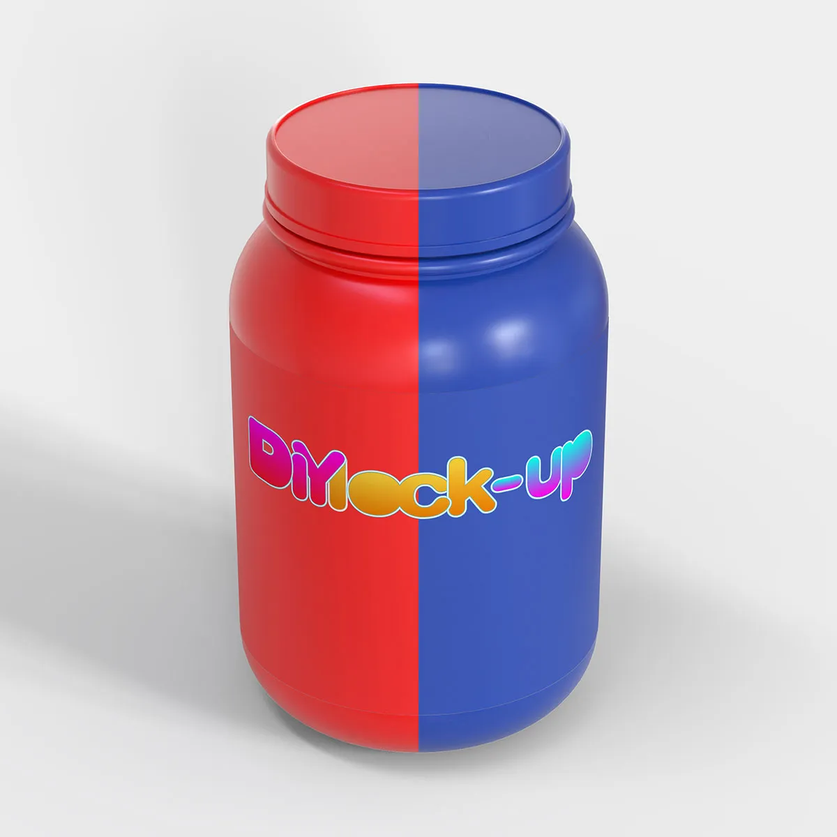 protein powder container in red and blue color from top view