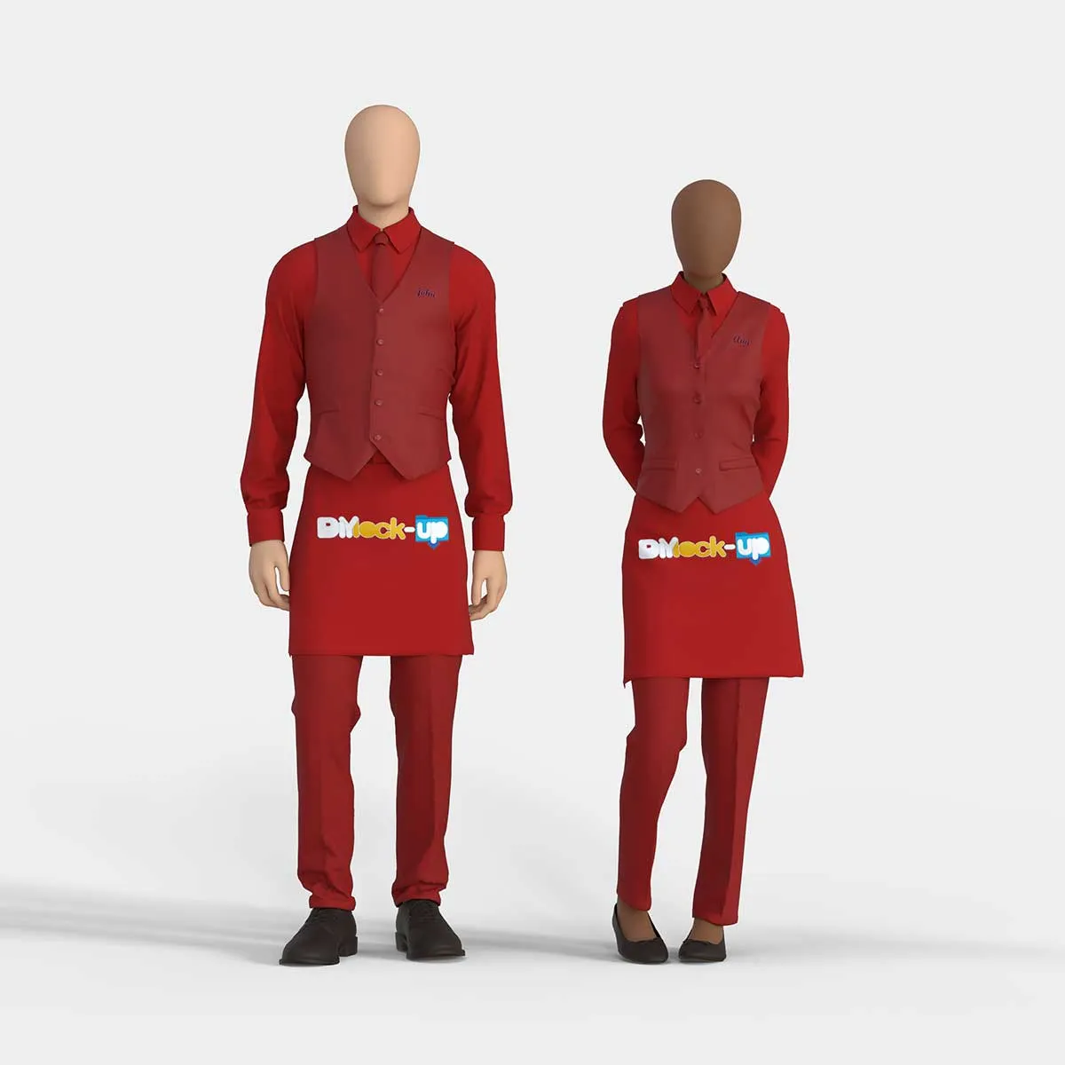 bartenders man and a woman wearing a red uniform