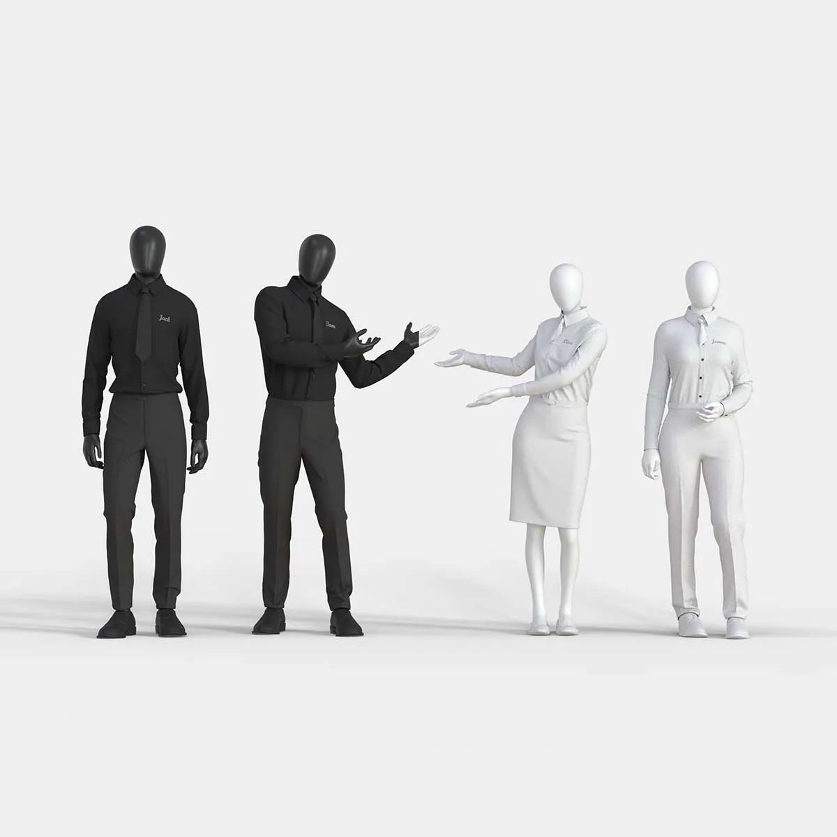 restaurant staff team wearing a white and black uniform