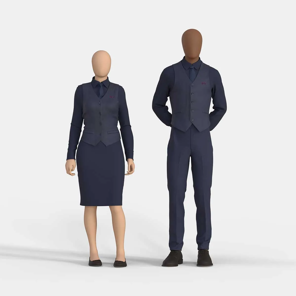 waitress and waiter wearing a blue uniform