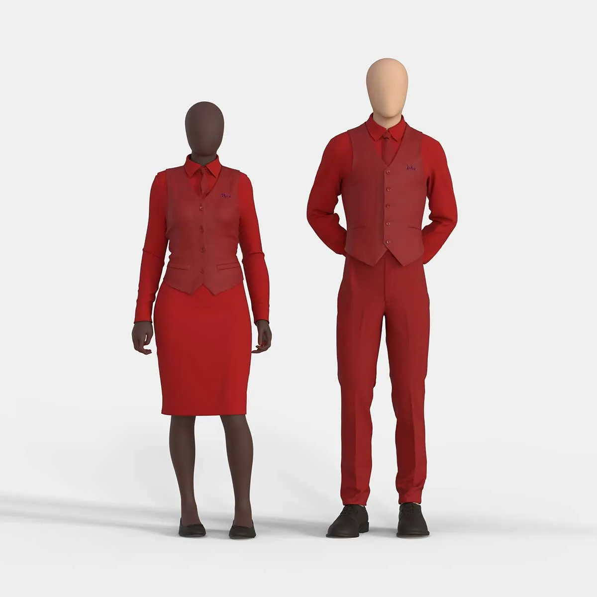 waitress and waiter wearing a red uniform