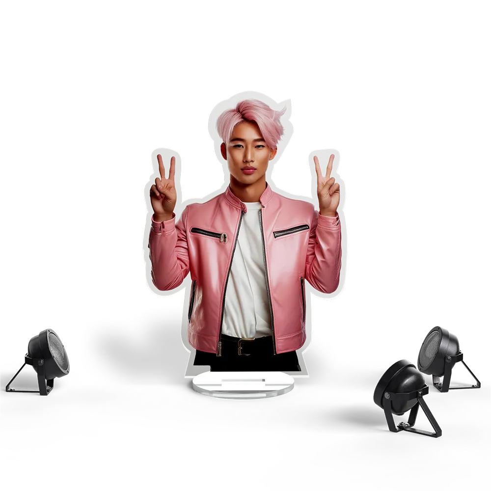 The image shows an acrylic standee with a cutout of a k-pop idol, standing with both hands raised and making a peace sign with both hands.There are two black spotlights positioned on either side of the standee, facing towards it. The background is plain gray.