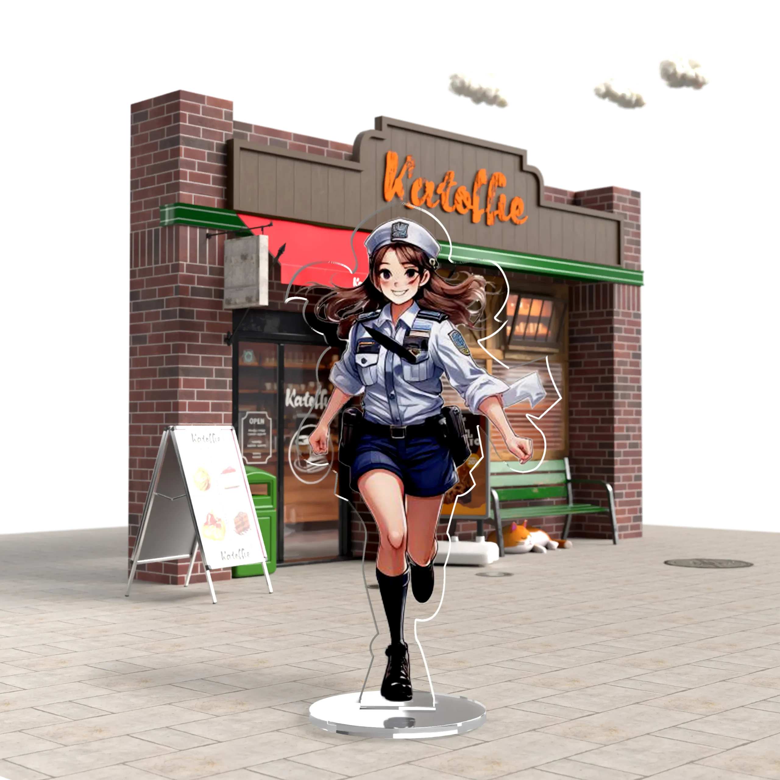 The image depicts the exterior of a building with a sign that reads "Katofie" in stylized orange letters. The building has a brick facade with green and brown accents. In front of the building, there is a life-sized standee of an anime-style character dressed as a police officer, with a hat, blue shirt, and dark blue shorts. The character is depicted in a dynamic running pose.
